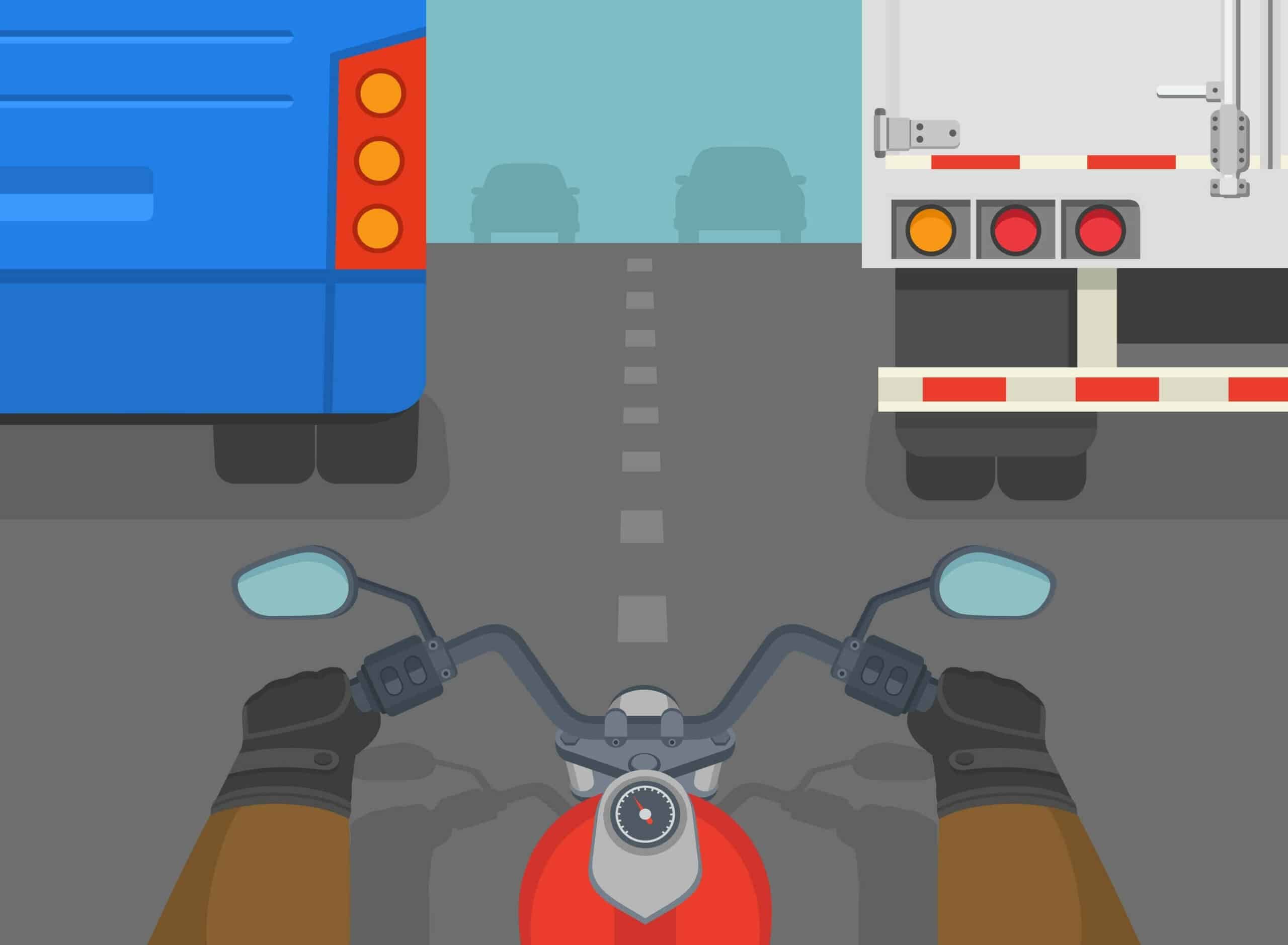 Imagen de apoyo: Frente a un vehículo grande (bus o camión), el motociclista debe: