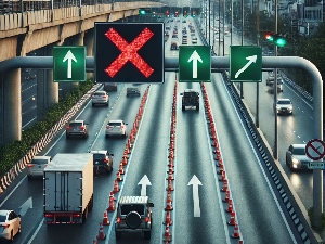 Imagen de apoyo: En una vía con señales de mensaje variable sobre la calzada, una equis roja sobre una pista indica: